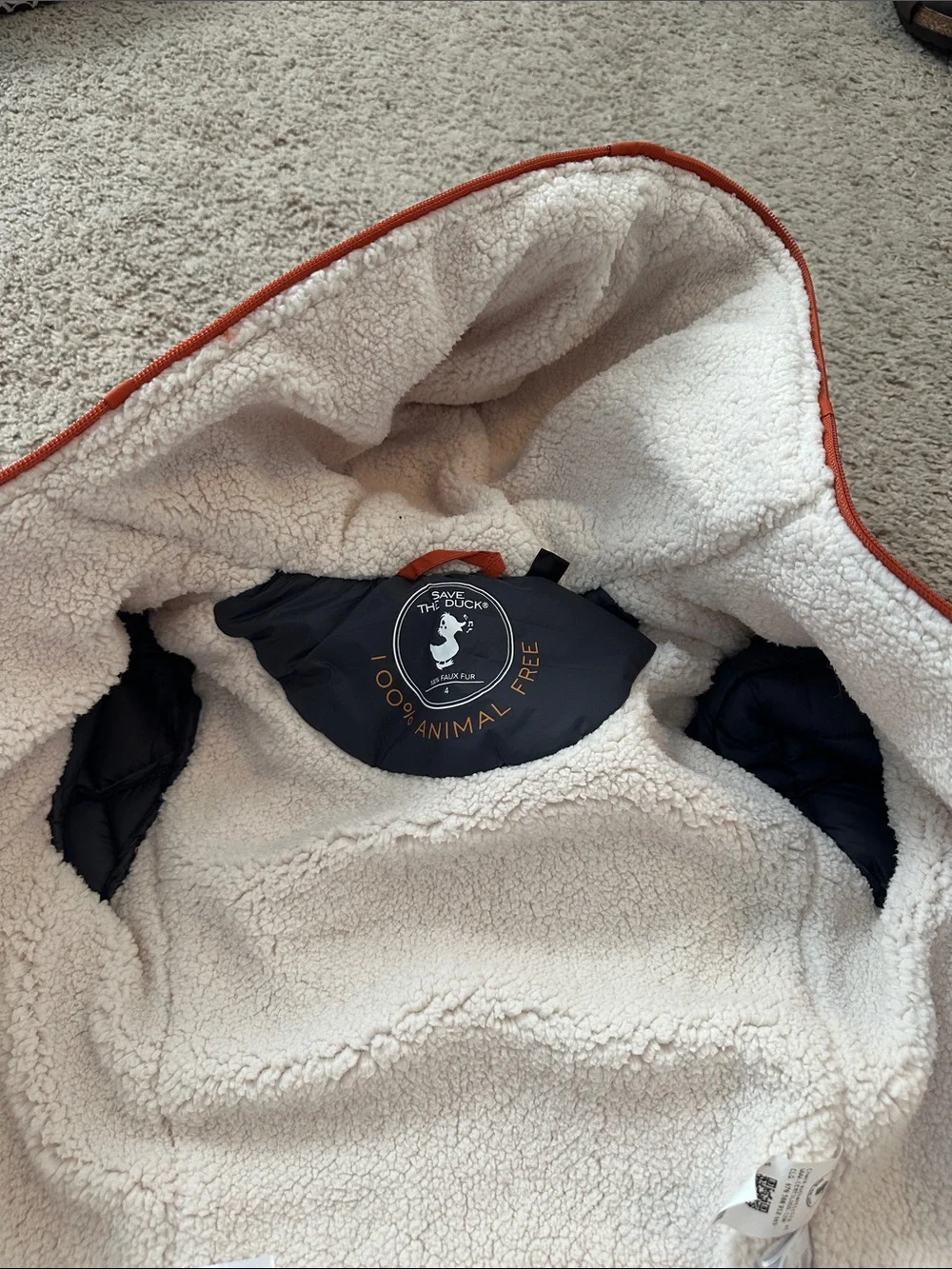 NWOT SAVE THE DUCK Kids Orange Hooded Puffer Jacket with Sherpa Lining
